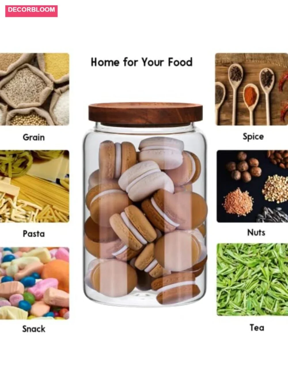 Set of 3 Large Glass Jars with Wooden Airtight Lids Food Storage Tea Spice